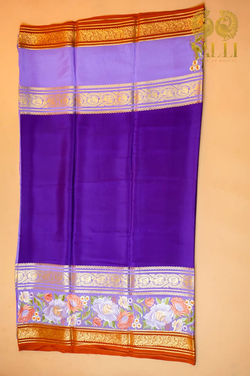 Pure Mysore Crepe Silk Saree – Royal Purple with lilac Bentex Embroidery Border