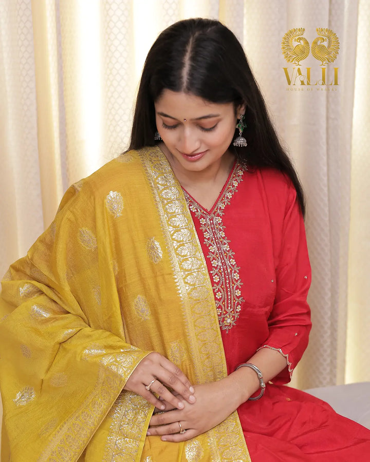 Red Kurtha set with mustard Banarasi duppata straight cut with slit