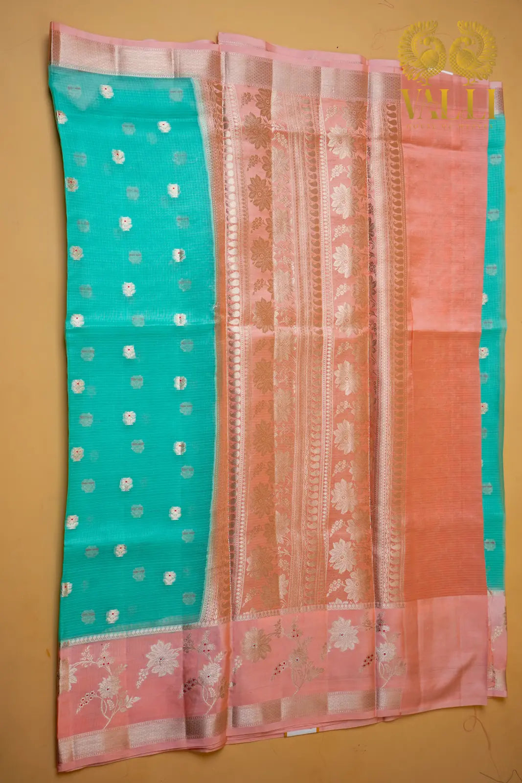 Sea Green Kota Saree with Raw Mango Border & Peach Brocade Blouse