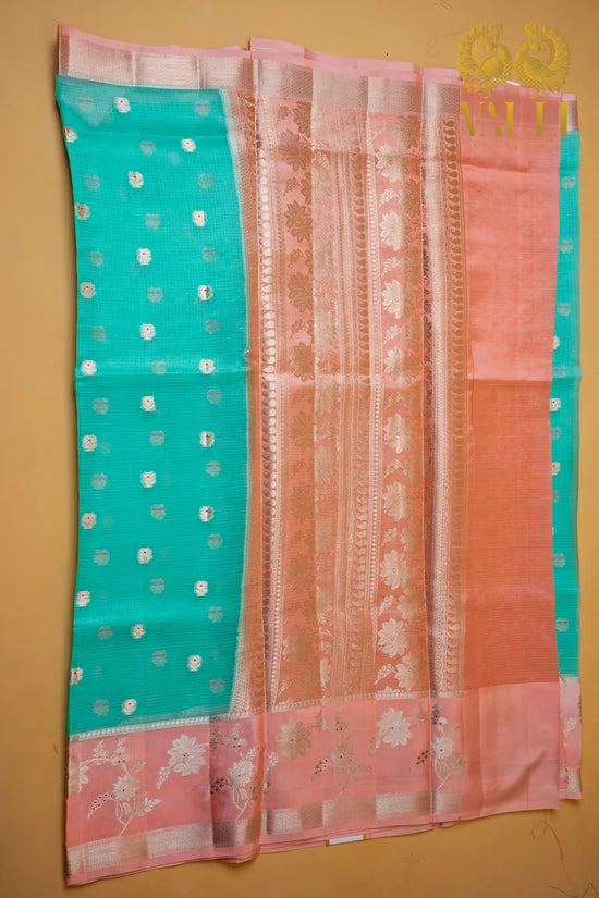 Sea Green Kota Saree with Raw Mango Border & Peach Brocade Blouse