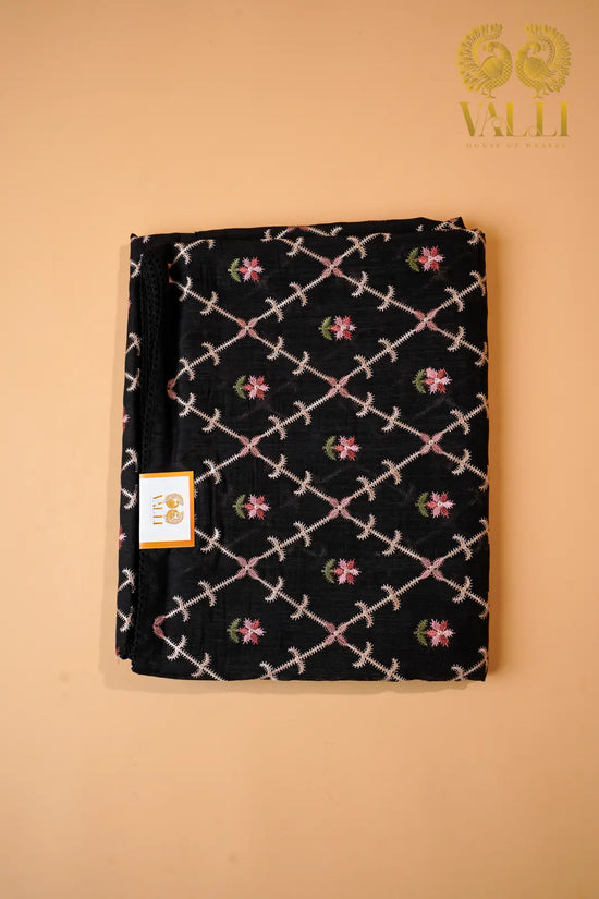 Midnight Black Embroidered matka silk  Saree
