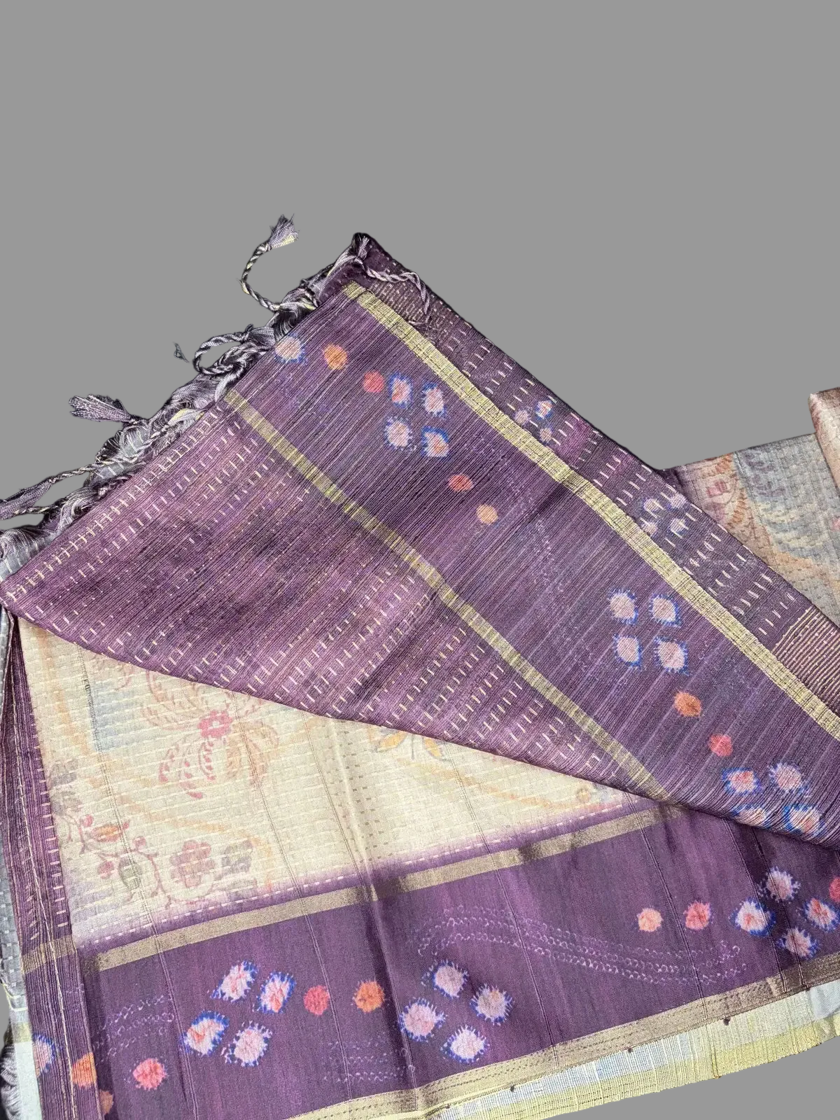 Eco print tussar saree beige + purple