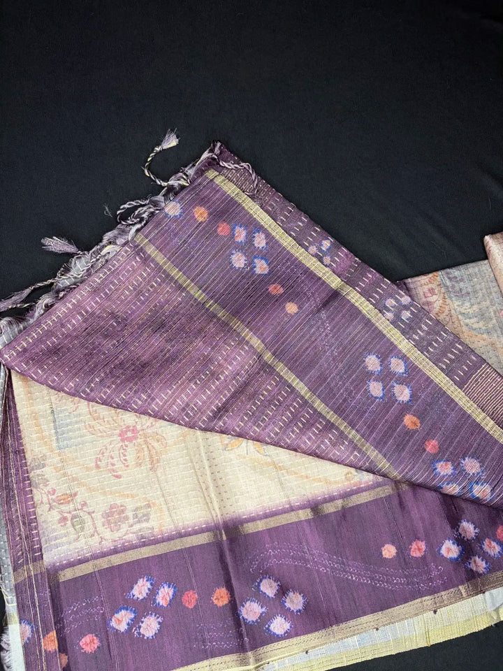 Eco print tussar saree beige + purple 