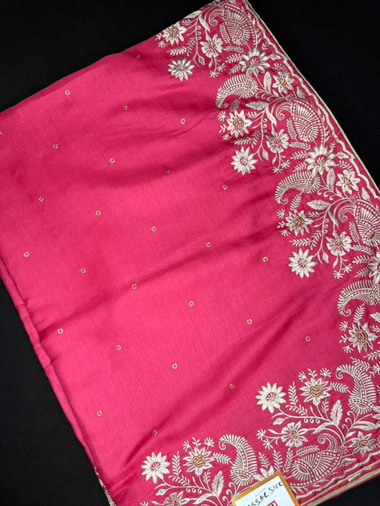 Soft Tussar Silk Saree – Embroidered Border with Zari Butta & Self Colour Blouse