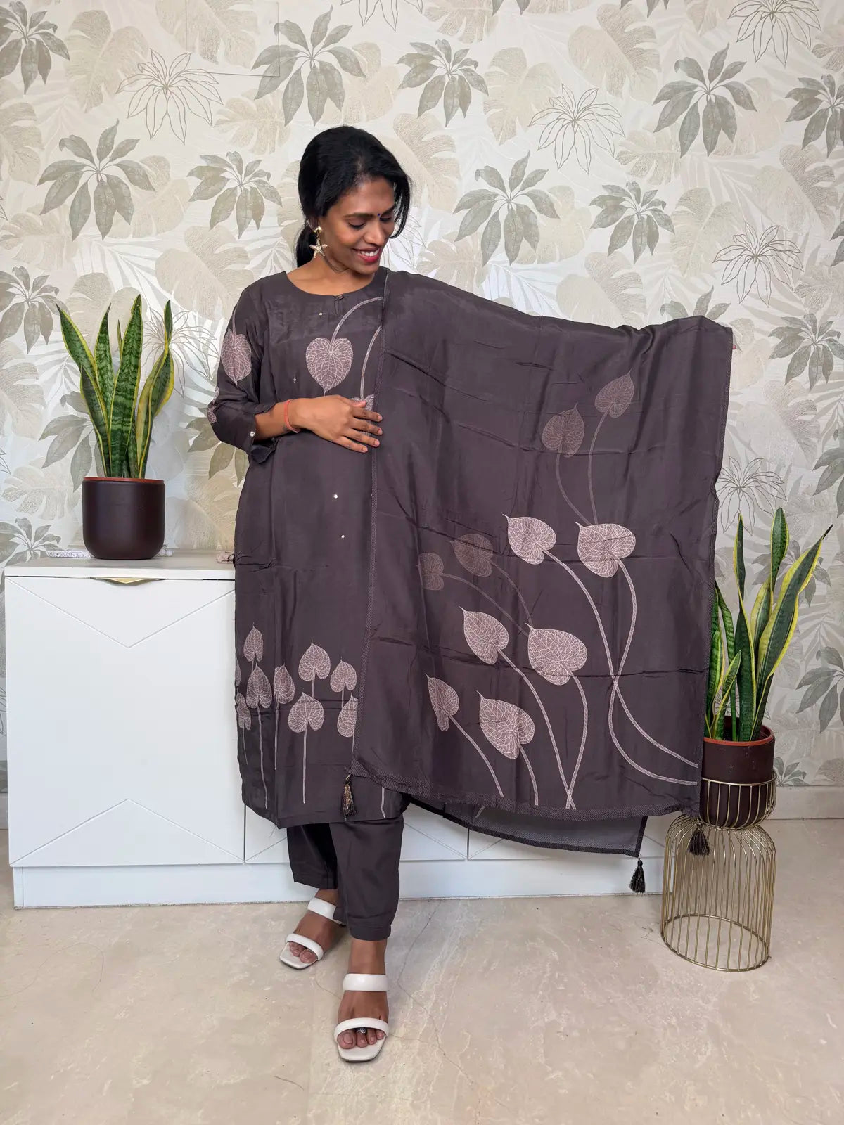 Brown Digital Print Salwar Set with Leaf Pattern