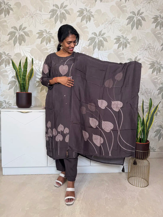 Brown Digital Print Salwar Set with Leaf Pattern