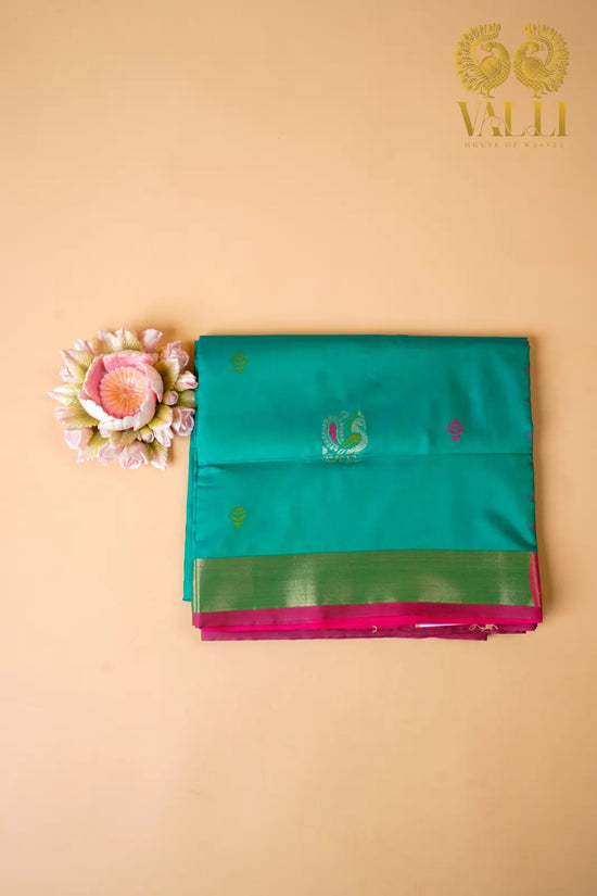 Peacock  motif soft silk Teal green Semi Silk Saree with Rich Jacquard Pallu