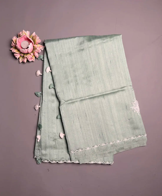 Pastel Green Taar Silk Saree with Appliqué Lace & Pearl Scallop Border