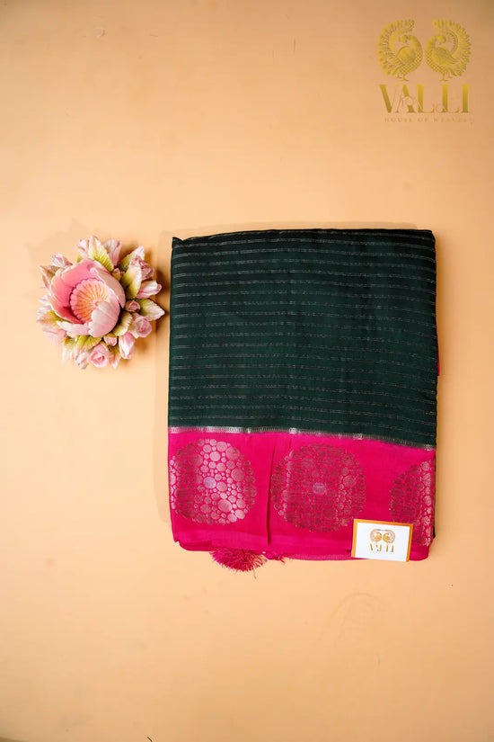 Fancy Dola Silk Saree – Gold Zari Stripes with Contrast Pink Pallu & Blouse