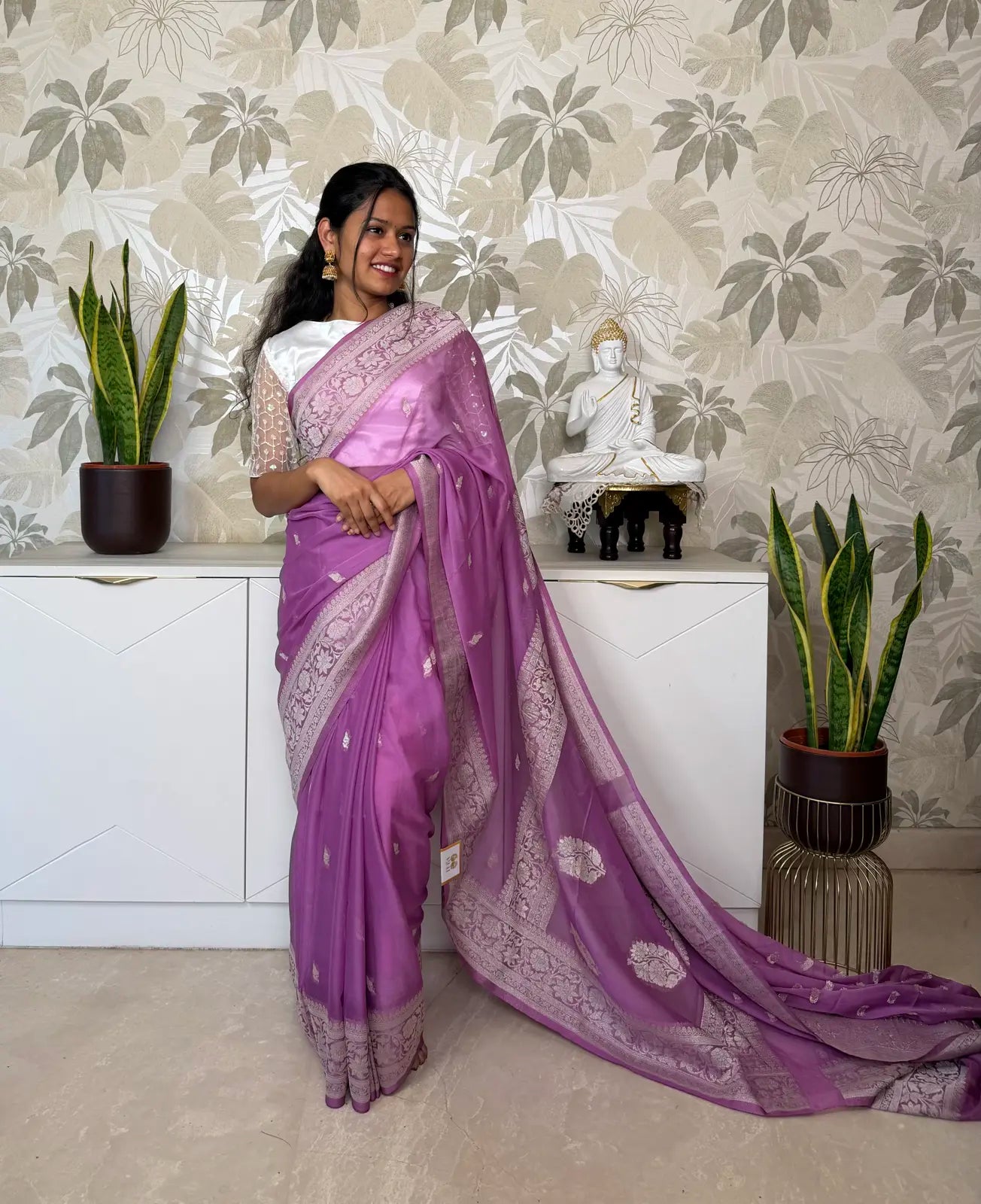 Lavender Chiffon Saree with Elegant Silver Zari Border