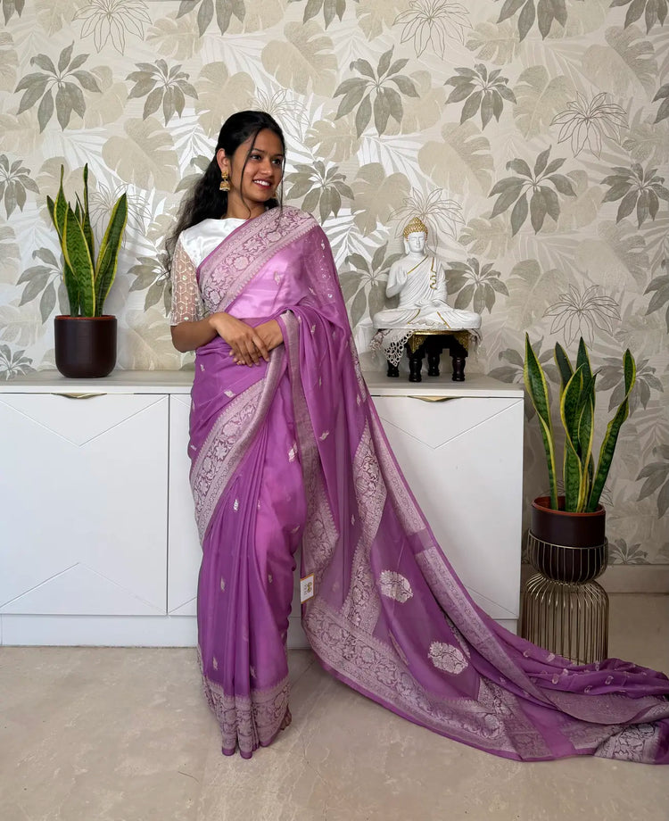 Lavender Chiffon Saree with Elegant Silver Zari Border