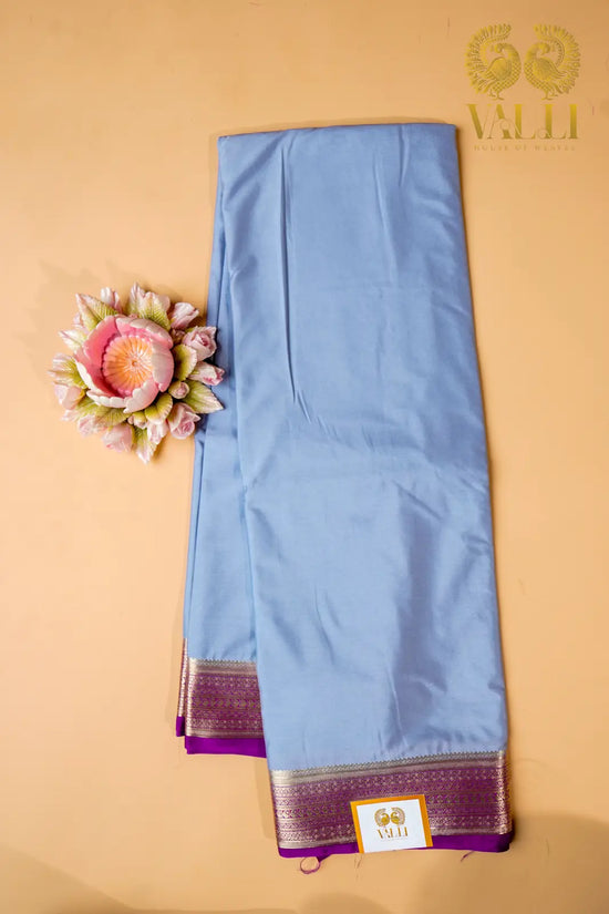 Contrast Border Semi Crepe Silk Saree with Silver Zari Border & Pallu -grey + purple 