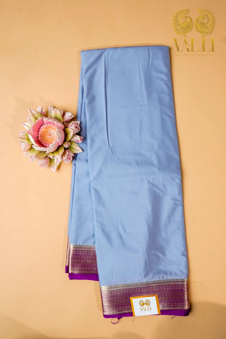 Contrast Border Semi Crepe Silk Saree with Silver Zari Border & Pallu -grey + purple 