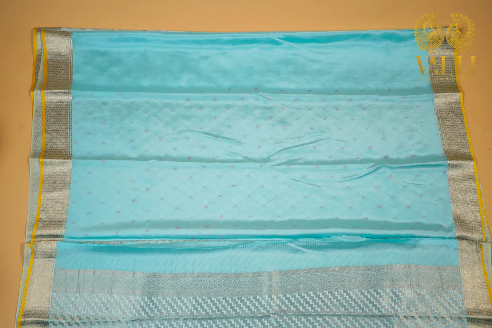 Powder Blue Banarasi Crepe Silk Saree with Yellow Selvage