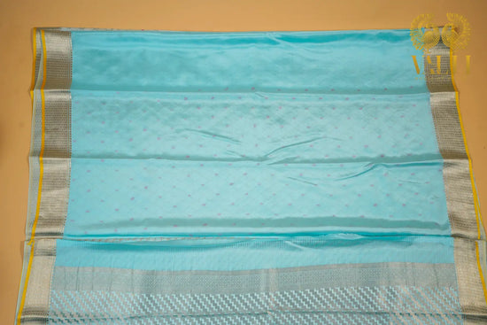 Powder Blue Banarasi Crepe Silk Saree with Yellow Selvage