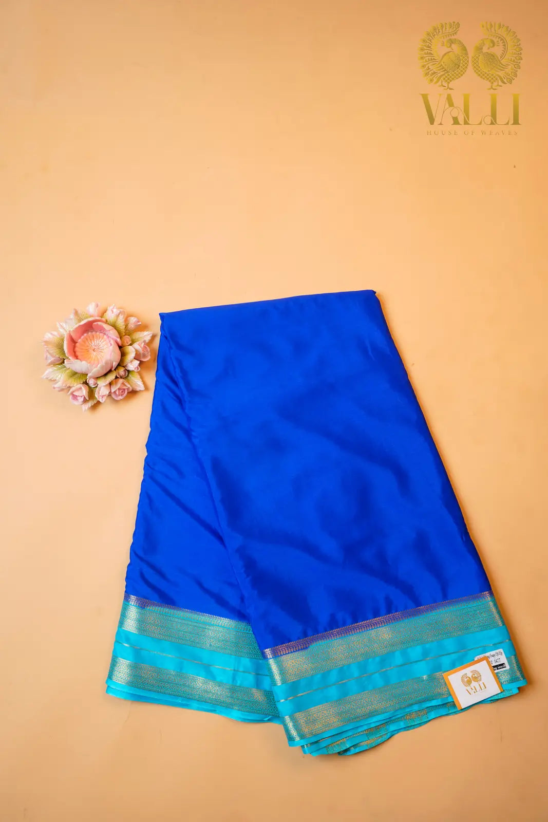 Semi Crepe Silk Rama Blue Saree with Gold Stripe Pallu