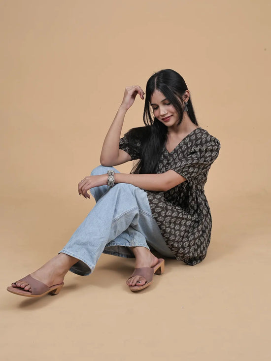 Black Block Print Alia-Cut Short Top Kurti