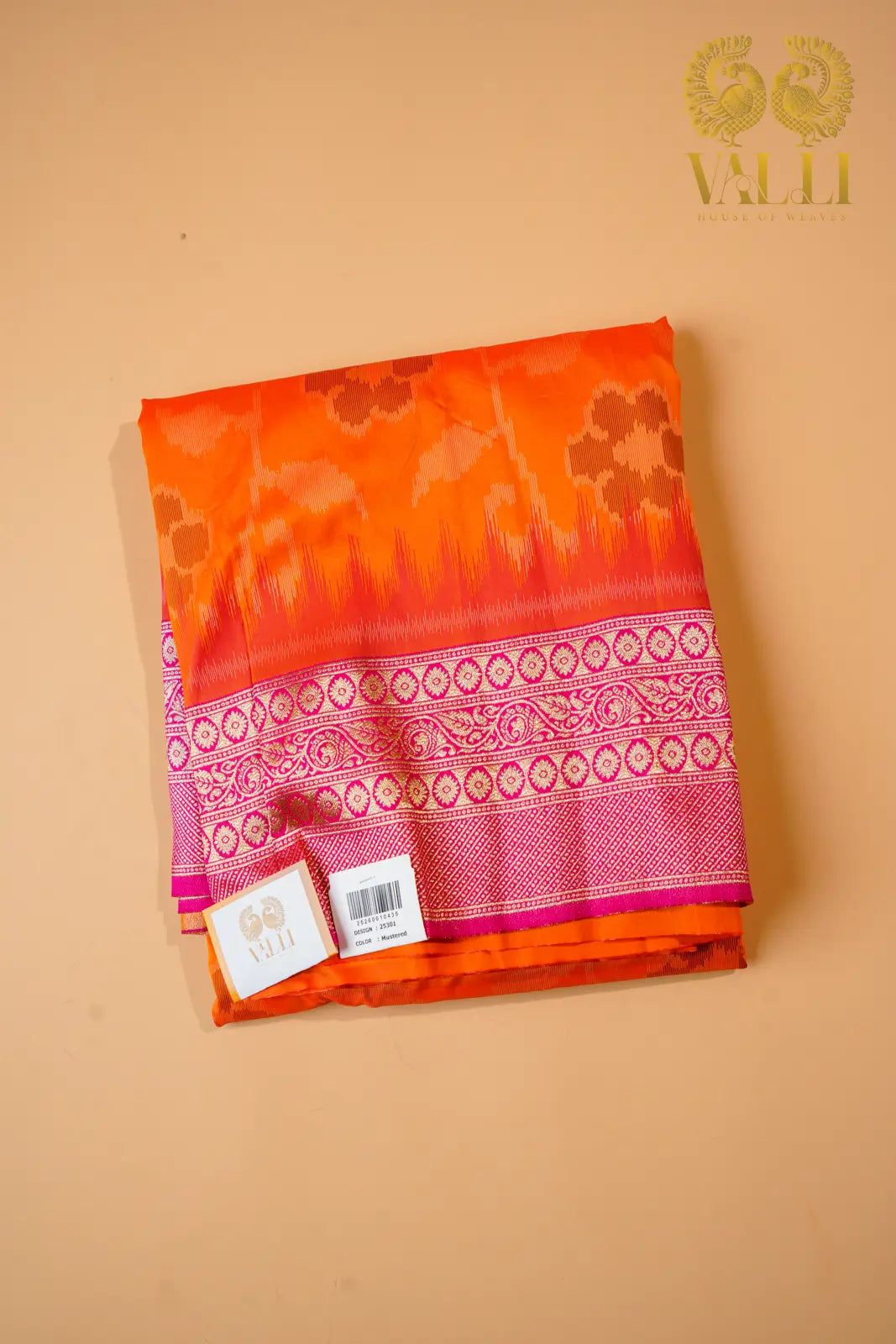 Orange Semi Banarasi Silk Saree with Pink Zari Border