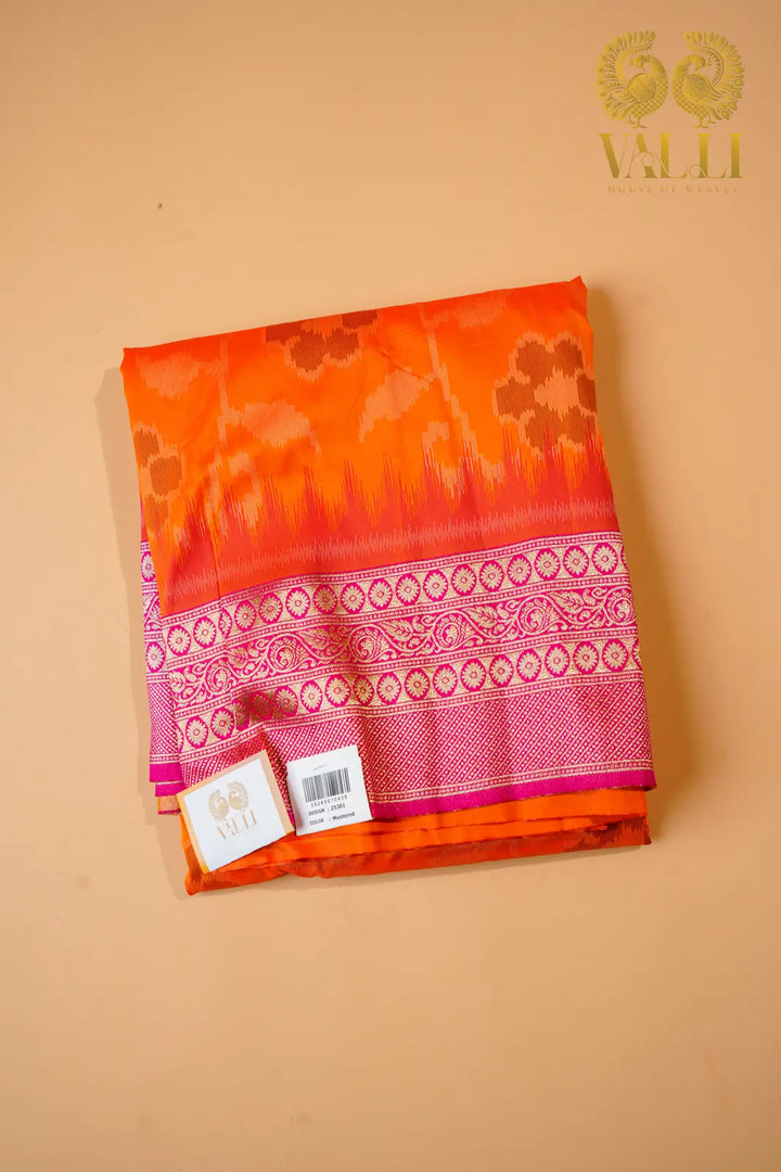Orange Semi Banarasi Silk Saree with Pink Zari Border