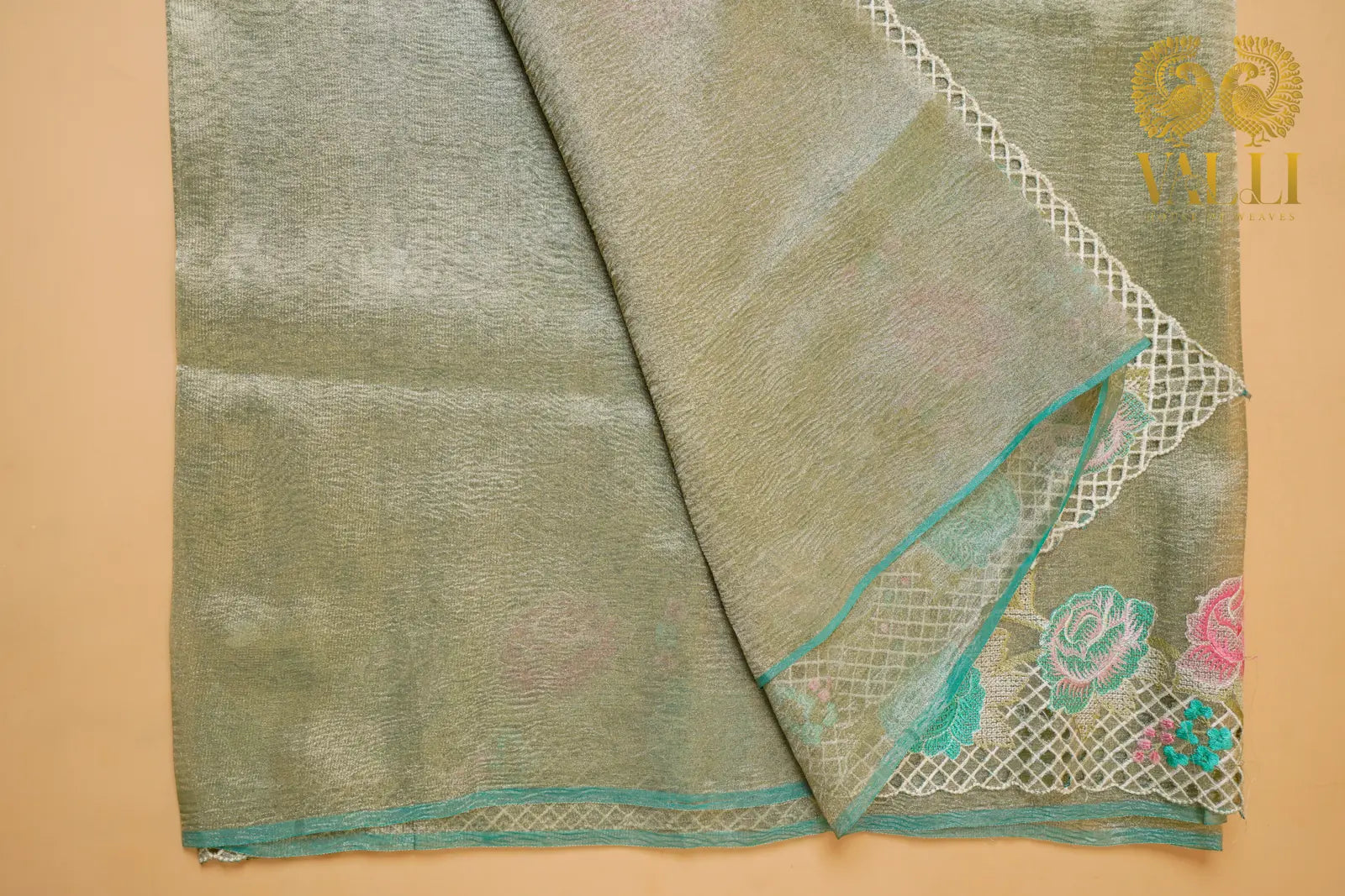 Green Crush Tissue Cutwork Saree with Embroidery