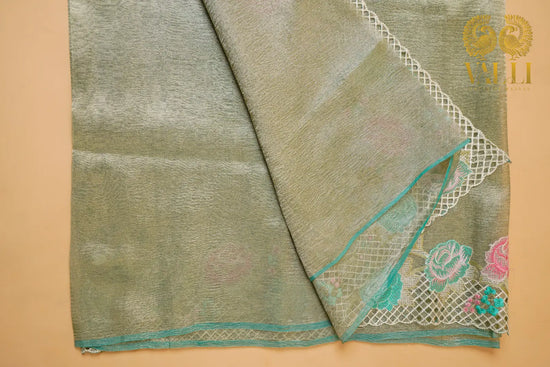 Green Crush Tissue Cutwork Saree with Embroidery