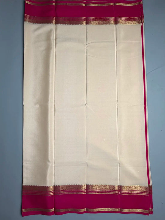 Beige pure Mysore Crepe Silk Saree with Rani Pink Contrast