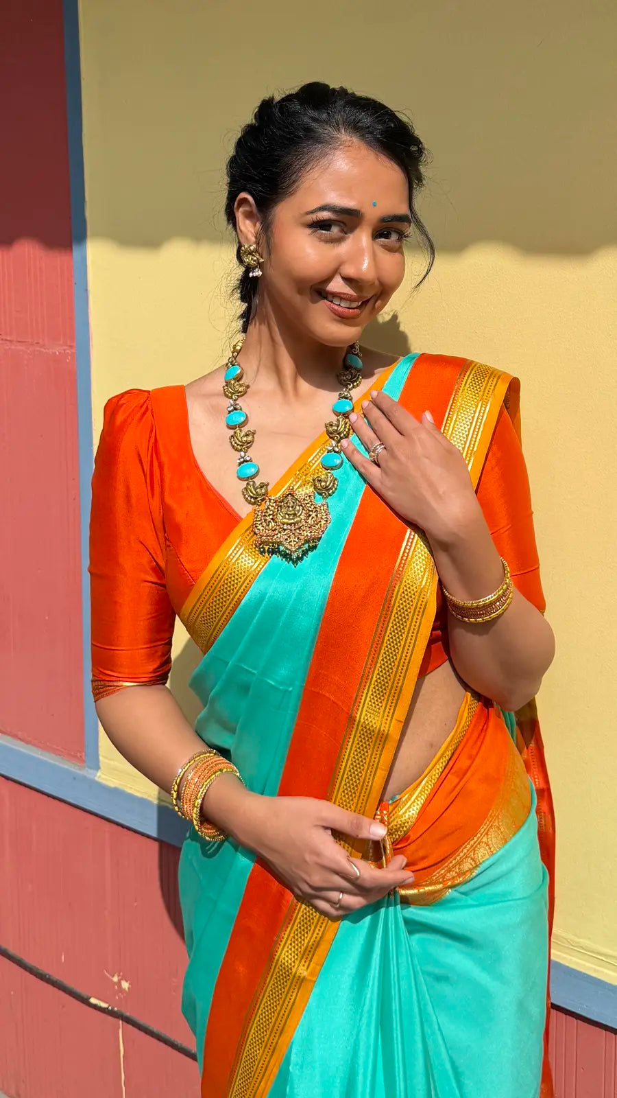   Pure Mysore Crepe Silk Saree – Rama Blue with Fanta Orange Contrast