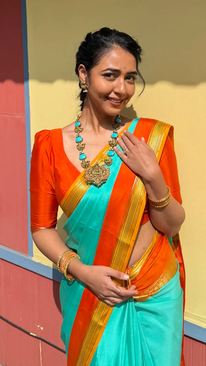   Pure Mysore Crepe Silk Saree – Rama Blue with Fanta Orange Contrast