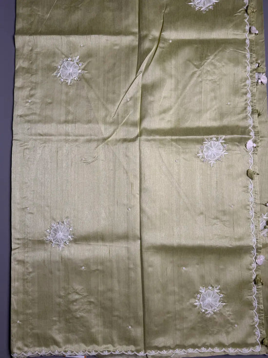 Green Apple Tussar Silk Saree with Appliqué Lace & Pearl Scallop Detailing