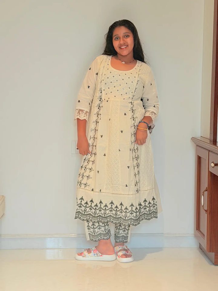 Pure cotton A line salwar  with embroidery and dupatta with scallop border