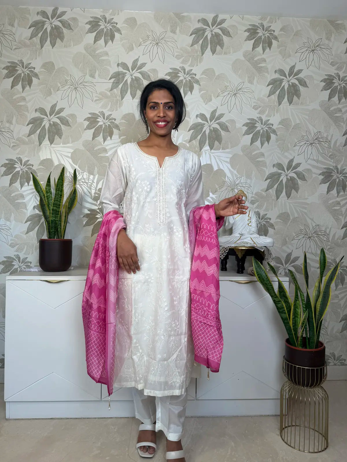 White Embroidered Salwar Set with Pink Shibori Dupatta