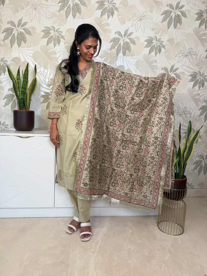 Olive Green Cotton Salwar Set with Traditional Block Print Dupatta