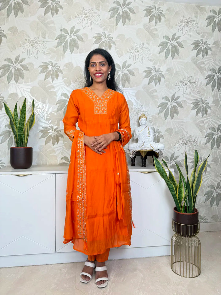 Bright Orange Mulchandiri Salwar Set with Floral Thread Embroidery