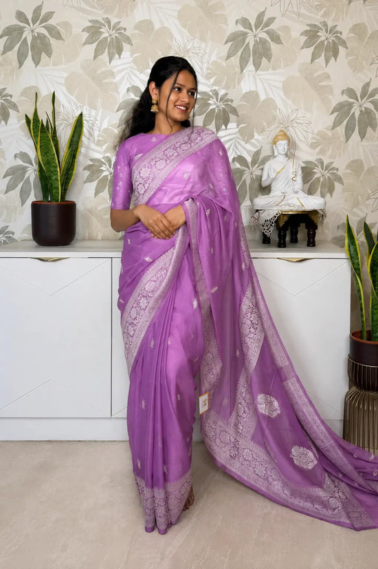 Lavender Chiffon Saree with Elegant Silver Zari Border