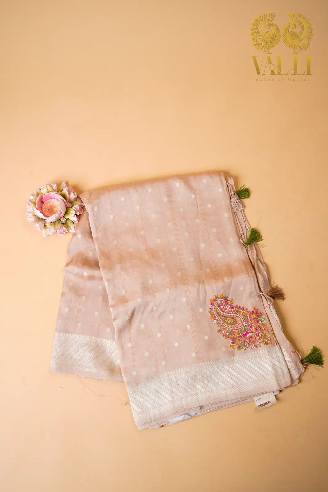Pastel Blush Tussar Georgette Saree with Kashmiri Kani Weave Pallu & Embroidered Mango Motifs