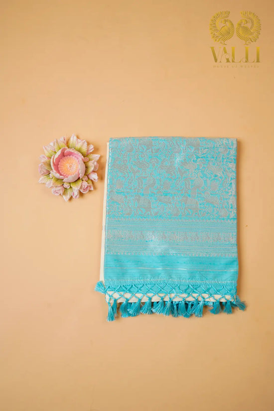 Raw Silk Ivory & Sky Blue Vanasingaram Saree