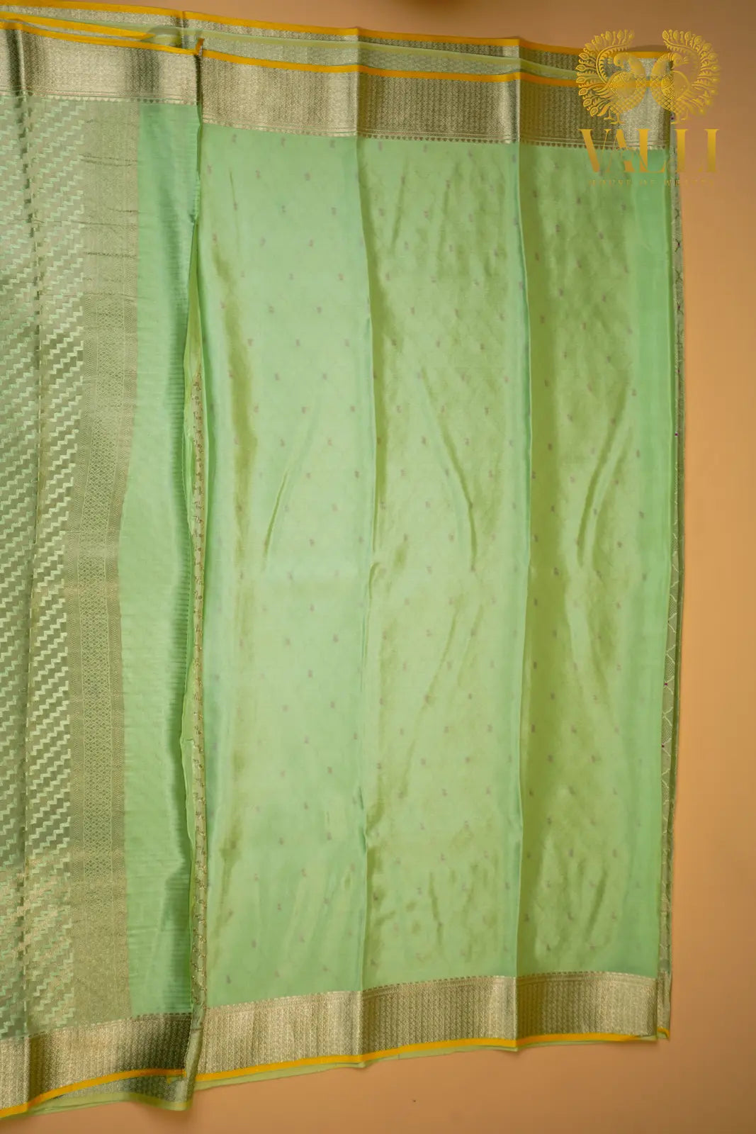 Pastel Green Banarasi Crepe Silk Saree with Yellow Selvage