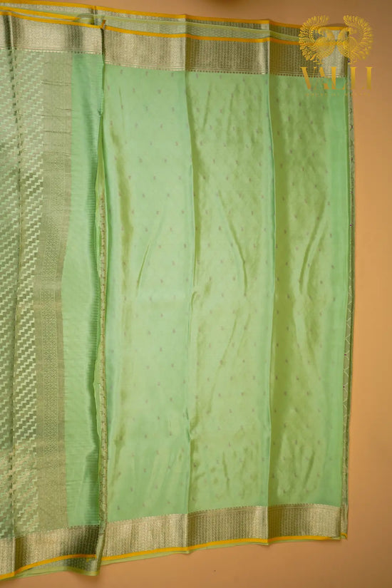 Pastel Green Banarasi Crepe Silk Saree with Yellow Selvage