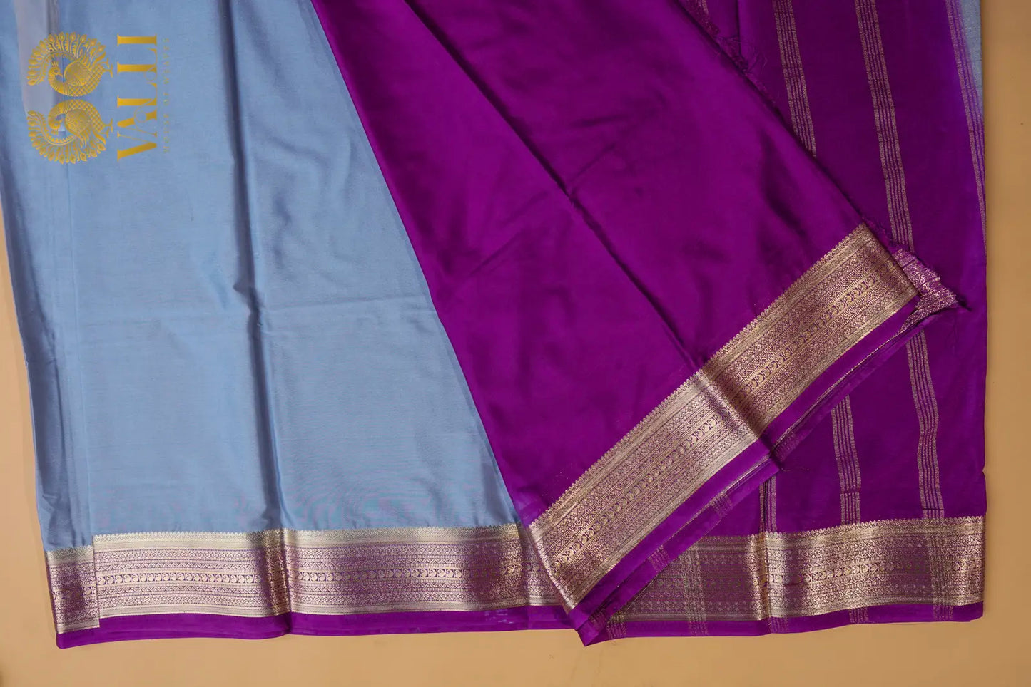 Contrast Border Semi Crepe Silk Saree with Silver Zari Border & Pallu -grey + purple 