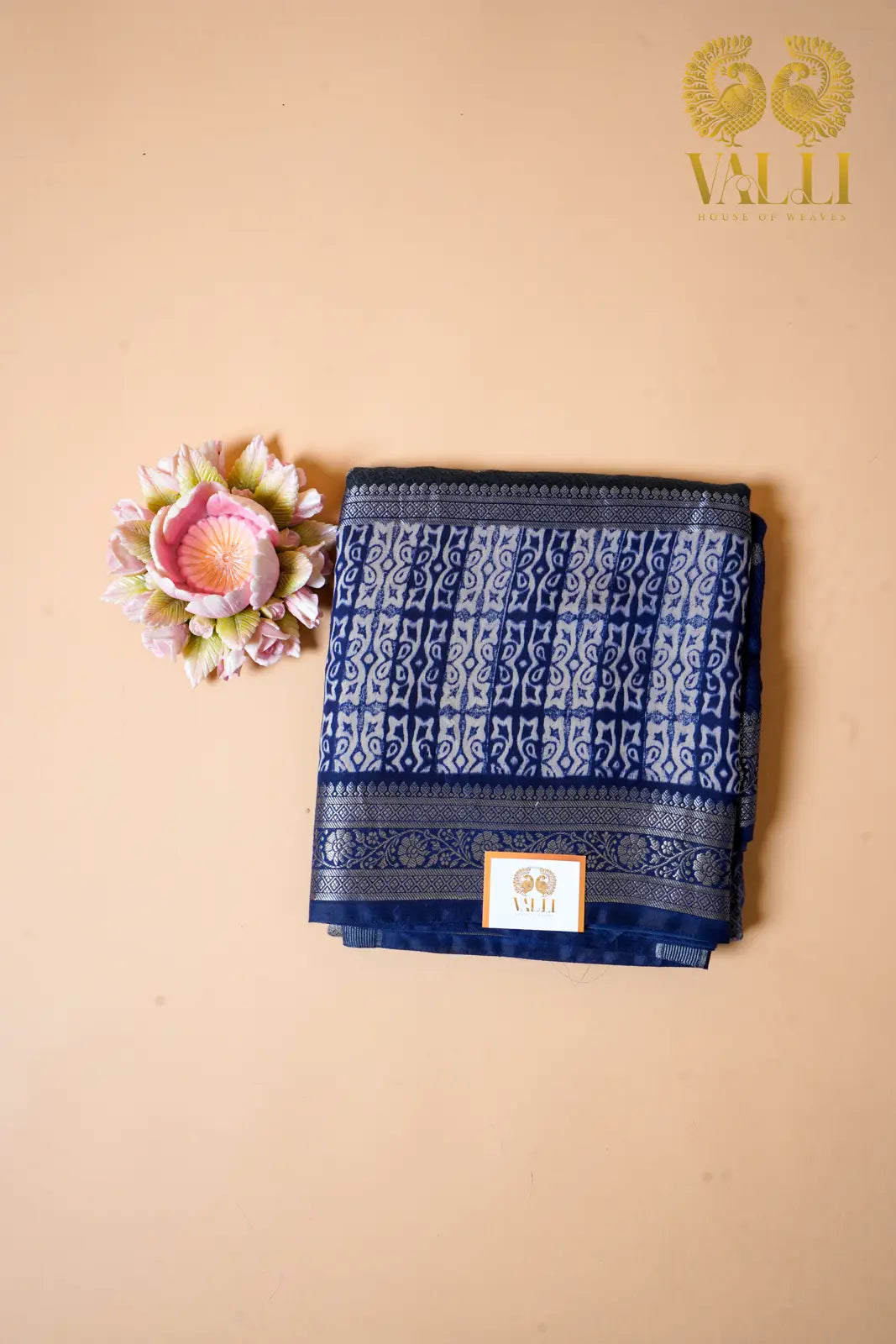 Royal Blue Handwoven cotton  Printed Saree with Silver Zari Border - Valli House of Weaves