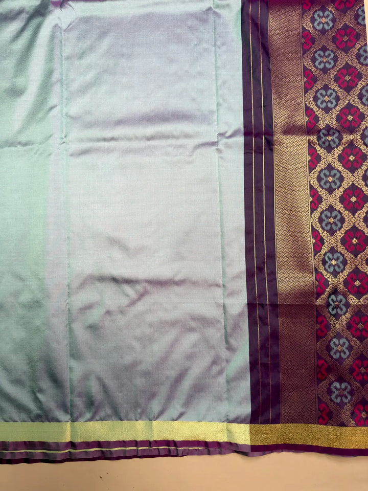 Greyish  Blue Saree with Dual Purple Ikat Pallu & Zari Border