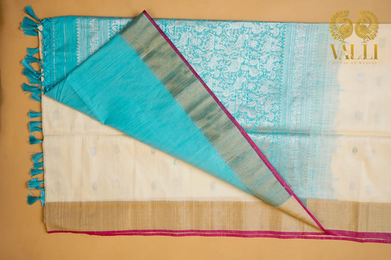 Raw Silk Ivory & Sky Blue Vanasingaram Saree