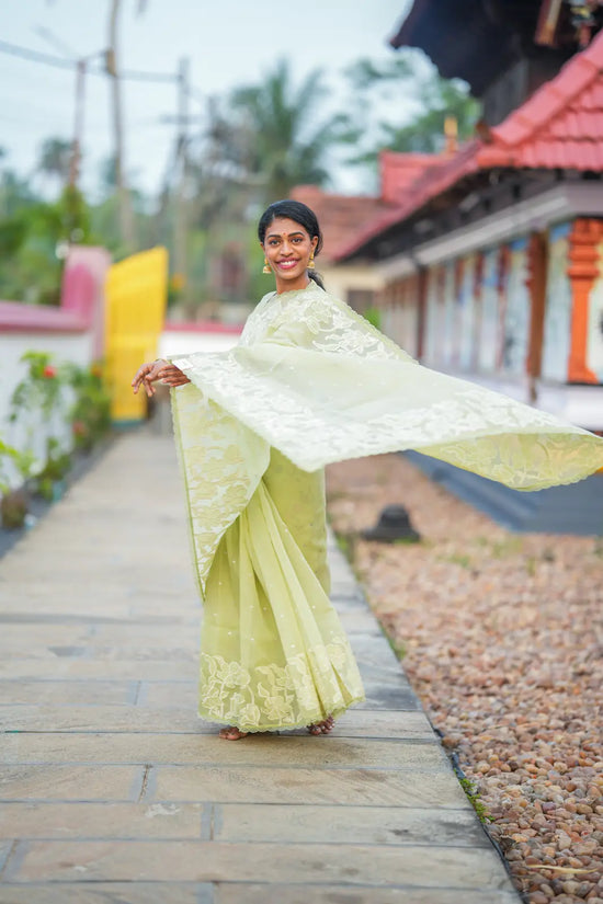 Pastel Green Embroidered Fancy Saree with Self Blouse