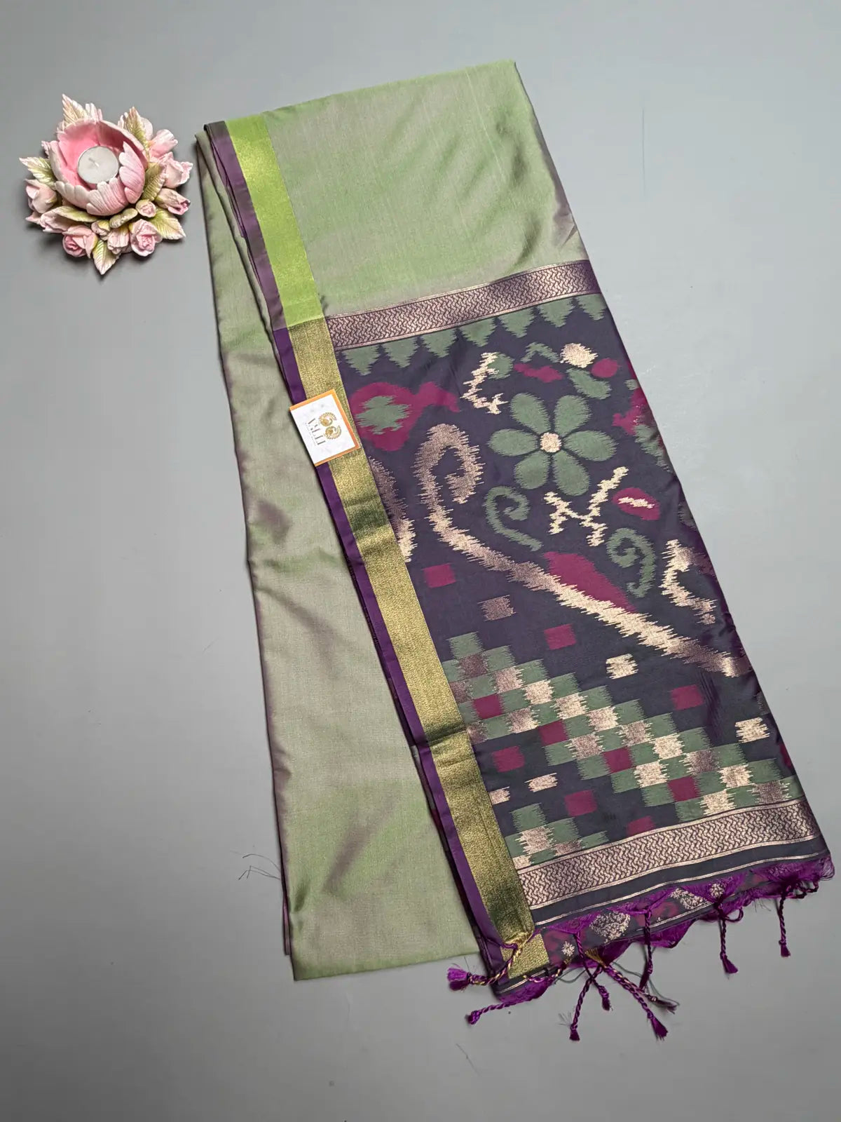 Olive Green Saree with Heavy Ikat Purple Pallu & Zari Border