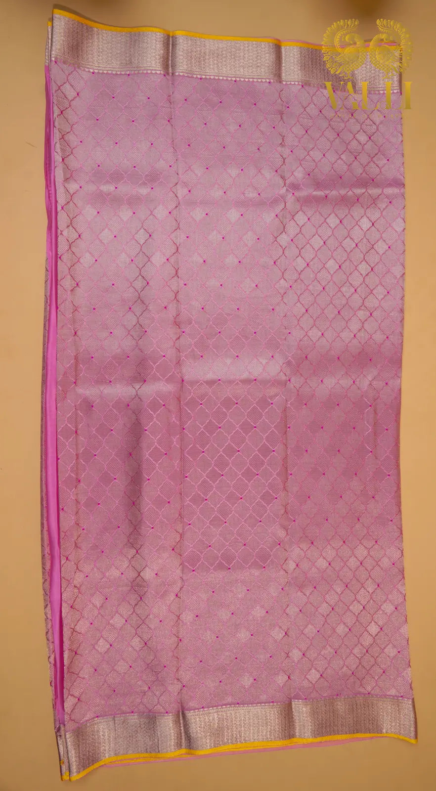 Baby Pink Banarasi Crepe Silk Saree with Yellow Selvage