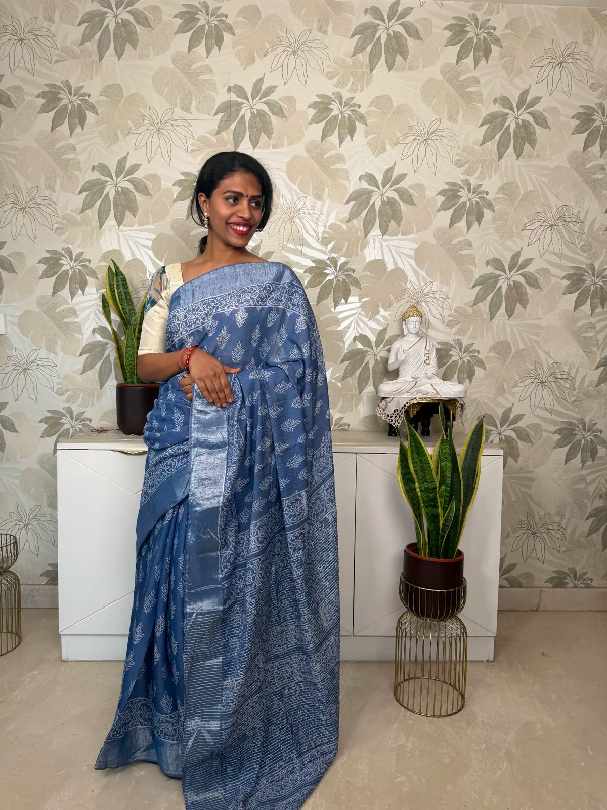 Powder Blue Cotton Saree with Block Print and Batik Pallu