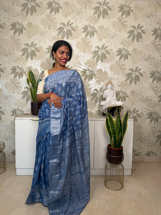 Powder Blue Cotton Saree with Block Print and Batik Pallu