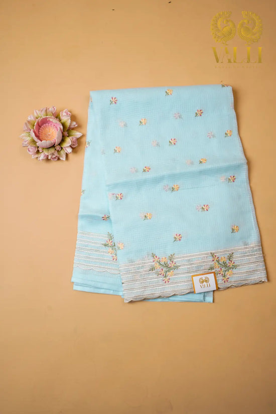 Powder Blue Kota Embroidery Saree with Scallop Border