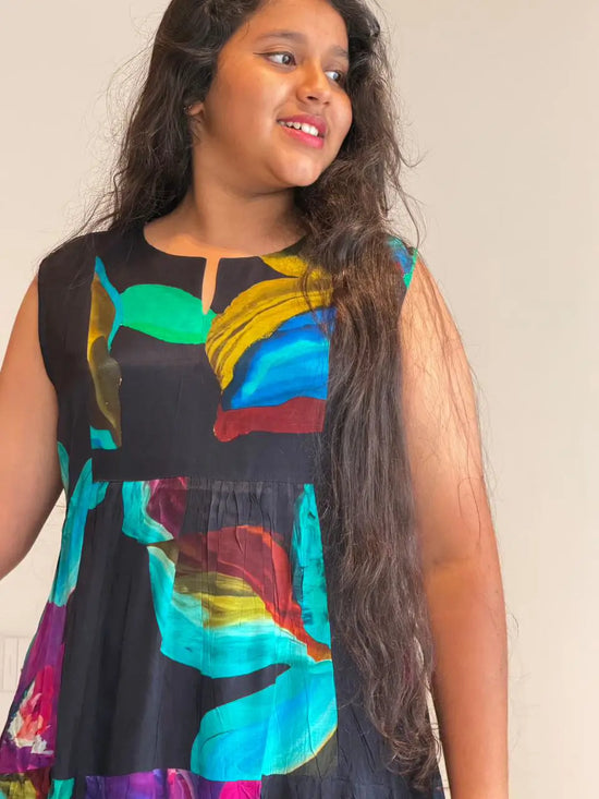 Multicolour floral print dress with attached sleeves and A LINE pattern dress