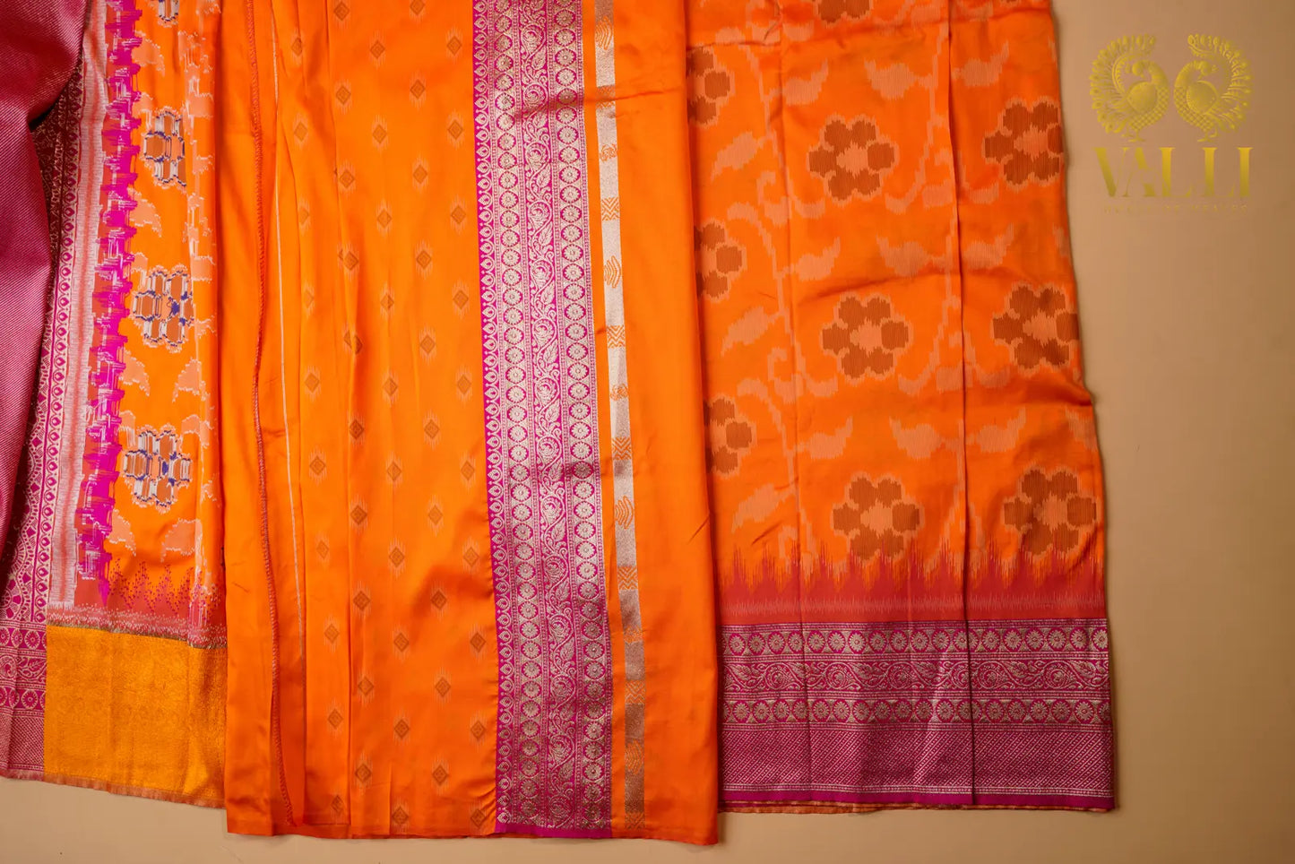 Orange Semi Banarasi Silk Saree with Pink Zari Border